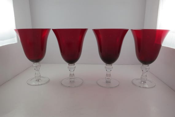 Set of Four Vintage Hand Blown Glass Ruby Red Water Wine Goblets Clear Stem 7 1/4 Inches Tall Excellent Condition