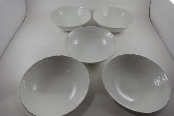 Vintage Johnson Brothers Athena Bone China Soup Bowls, Embossed Rim (Set of 5)
