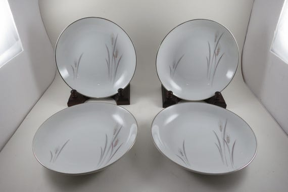 Set of 4 Vintage Platinum Wheat Coupe Soup Bowls, Fine China Japan
