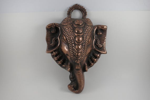 Brass on Copper Metal Wall Hanging Mask Elephant Head 10 Inches