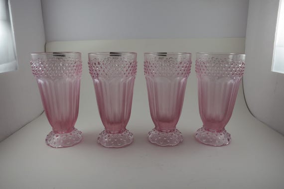 Set of Four  Gorham Crystal Emily's Attic Pink Hobnail Glasses Like New Condition