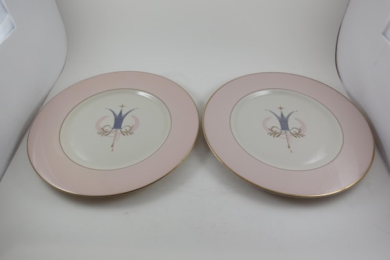 Pair of Vintage 1950's MCM Royal Splendor Fine Arts China Dinner Plates 10 5/8 Inches Pink & Cream Gold Trim Feathers Crown Center Like New