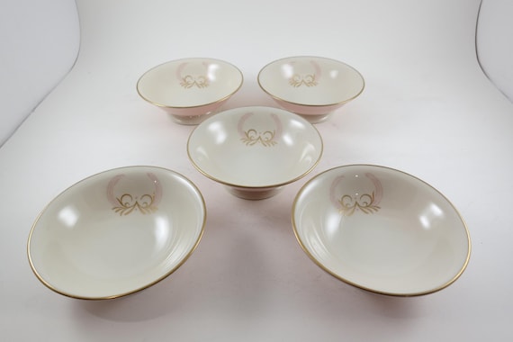 Set of 5 Vintage 1950's MCM Royal Splendor Fine Arts China Footed Fruit Bowls Pink & Cream Gold Trim Feathers Crown Center Like New