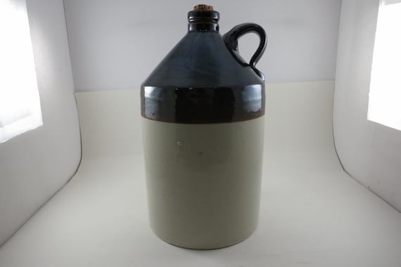 Vintage Stoneware Pottery Jug: Large Beige & Brown Rustic Decor with Cork Stopper