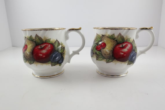 Pair Of Vintage Queen's Fine Bone China Antique Fruit Series Tea Cups Excellent Condition