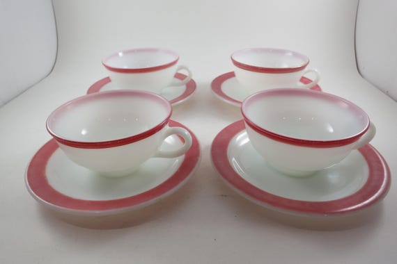 Vintage Pyrex Flamingo Pink Milk Glass Cup and Saucer Sets (Set of Four)