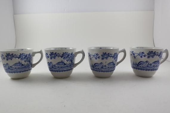 Vintage Set of Four Mason's Quail Blue & White England Demitasse Cups