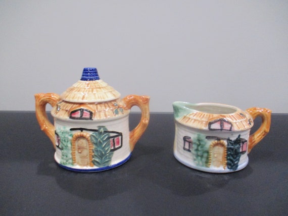 Beautiful Vintage House Cream and Sugar Set with Lid Marked Japan Old Style Excellent Original Condition