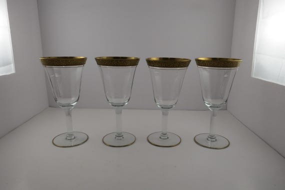 Set of Four Vintage Tiffin Franciscan Gold Rimmed Paneled Minton Water Wine Glasses 6 3/4 Inches Tall Like New Condition