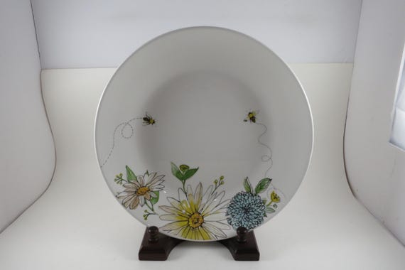 Vintage Fitz & Floyd Meadow 10 1/2 Inch Serving Bowl Bees Yellow Blue Flowers