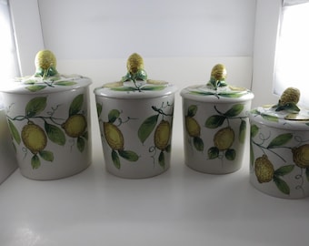 Vintage Ceramic Italian 4 Piece Canister Set Acorns Green Yellow