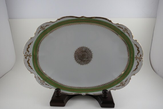 Vintage Charles Field Haviland Limoges 11 1/2 Inch Oval Serving Platter Green & Gold
