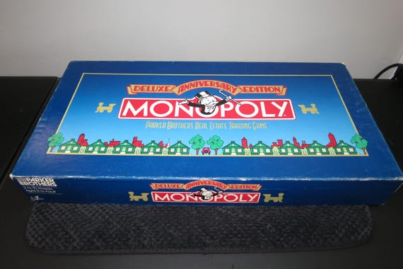 Vintage 1984 Board Game Monopoly Deluxe Anniversary Edition Wooden Houses Hotels Gold Tokens
