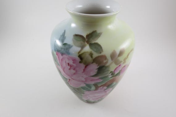 Vintage 6 1/4 Inch Tall Floral Vase Hand Painted Pink Roses with Green and Brown Unbranded Displays Beautifully