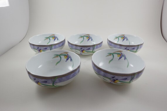 Set of Five Vintage Small Berry/Finger Bowls Green Purple Gold Excellent Condition 4 Inches