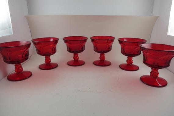 Set of Six Ruby Red Fostoria Jamestown Pedestal Sherbet Glasses
