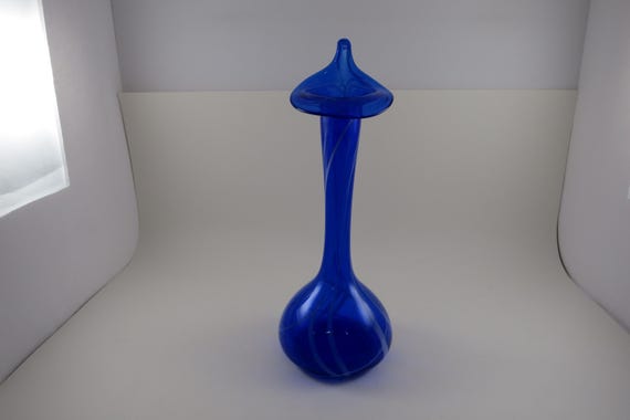 Vintage Cobalt Blue Hand Blown Art Glass Tall Vase White Hints 10 5/8 Inches Tall Pristine Beauty