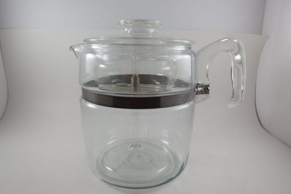 Pyrex Flameware 9 Cup Percolator #7759 Complete with Glass Filter 4 Pieces Stainless Metal Excellent Condition