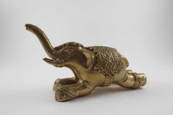 Beautiful Brass Colored Metal Elephant Figure Landmark Hotel Thailand 5 Inches Long Excellent Condition
