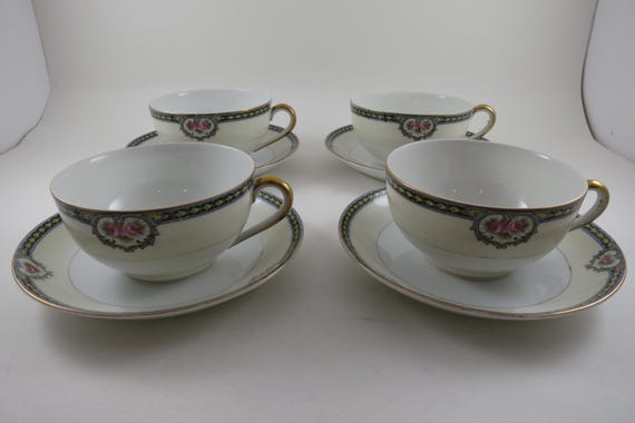 Set of Four Vintage 1920's Noritake Kenosha Pattern Cup and Saucer Sets