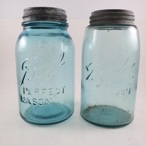 Pair of Aqua Ball Mason Jars Embossed with Zinc Lids Perfect Mason No 1 and 8