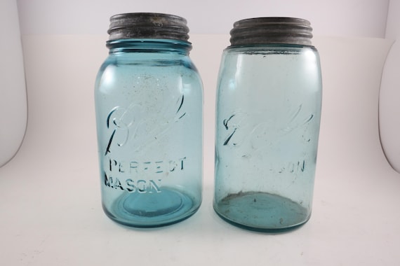 Vintage Aqua Ball Mason Jars with Zinc Lids, Pair