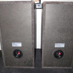 May include: Two rectangular Sony speakers with dark grey textured surfaces. Each speaker has a black circular port with red terminals and a white label. The speakers are positioned side by side.