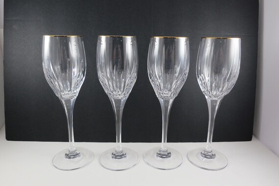 Set of Four Mikasa Arctic Lights Crystal Stemmed Wine Glasses Gold Band 8 1/4 Inches Tall Beautiful Condition