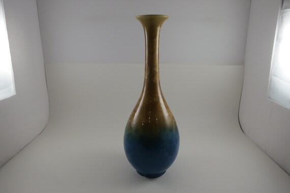 Vintage Art Glass 11 1/2 Inch Tall Orange and Blue Vase