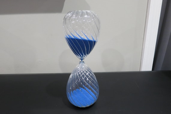 Vintage Glass Hourglass with Blue Sand 10 Inches Tall Swirl Glass