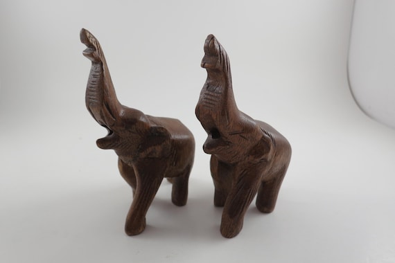 Pair of Vintage Carved Wooden Elephants Matching Pair 3x5