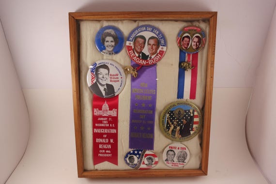 Custom Made 1984 Presidential Election Shadowbox Pins Ribbons Reagan Bush Mondale Ferraro