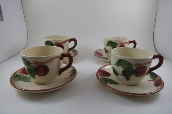 Set of Four Vintage Franciscan Earthenware Apple Pattern Cup and Saucer Sets USA