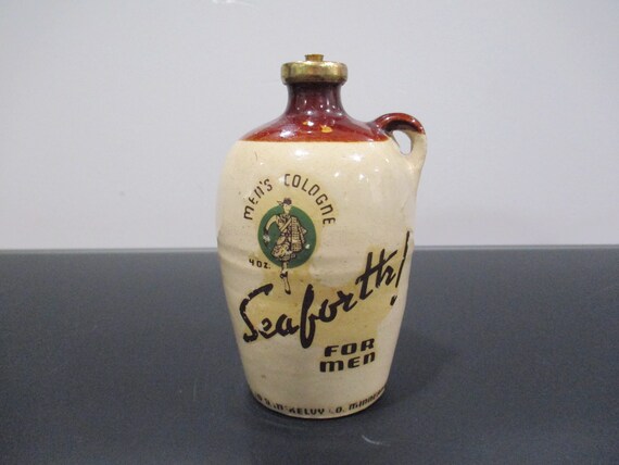 Vintage Seaforth Men's Cologne Brown and Tan Stoneware Bottle with Original Lid Excellent Condition