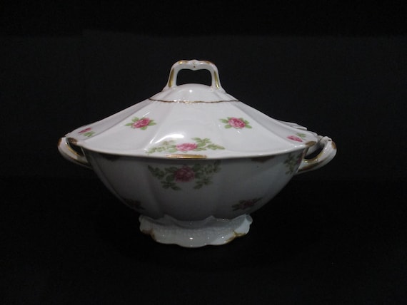 Vintage Early 1900's Charles Ahrenfeldt Limoges Depose France Green Stamp Pink Floral 10 Inch Oval Vegetable Bowl with Lid Near Mint Cond