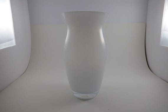 Vintage Opalescent Encased Glass Hurricane Style White Vase Heavy Clear Glass Base 9 Inches Tall Excellent Condition