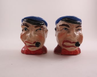 Vintage Grumpy Silent Sam Salt & Pepper Shakers - Made in Japan