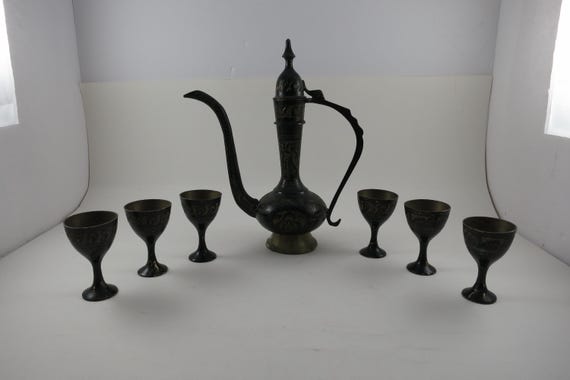 Vintage 7 Piece Set Etched Brass Tea Pot Set Black Gold