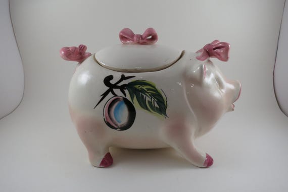 Vintage Mid Century Wales Japan Ceramic Cookie Jar Pig with Lid 9 1/4 Long