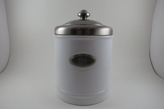 Vintage Williams Sonoma White Ceramic Tea Canister Brushed Stainless Lid and Emblem