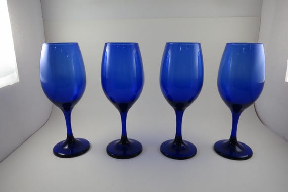 Set of 4 Vintage Libby Cobalt Blue Stemmed Wine Glasses (8 1/4 Inches)