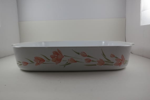 Vintage Corning Ware Open Roaster: Peach Floral Pattern, A-21-B