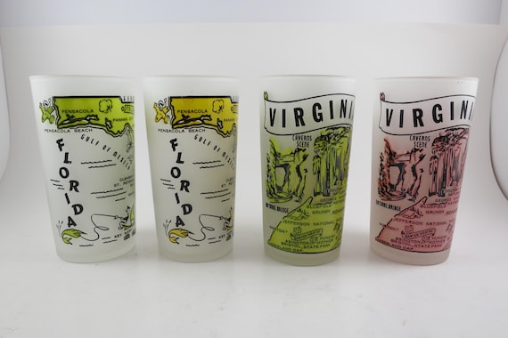 1950s Frosted State Collector Glasses: Virginia & Florida, Hazel Atlas