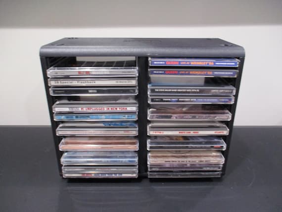 Vintage 1990's Black Open Stock Hard Plastic CD Holder Holds 26 CD's Free Standing or Wall Mount