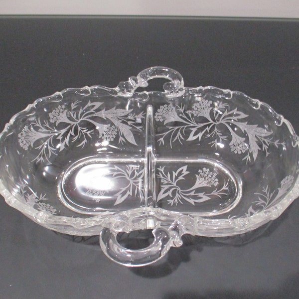 Vintage Fostoria Heather Pattern 2 Section Relish Dish Nut Dish Etched Glass Excellent Condition