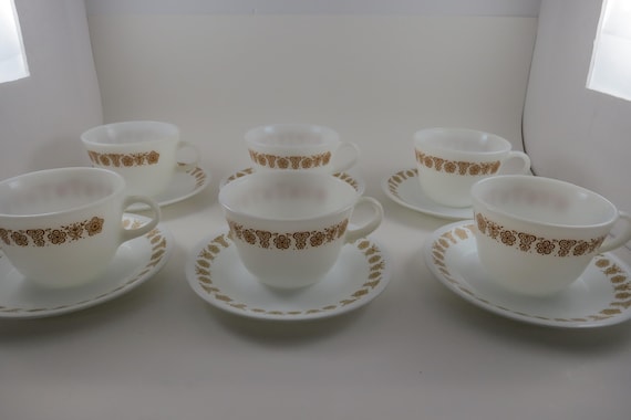 Vintage Corning Ware Butterfly Gold Cup and Saucer Set - Set of 6