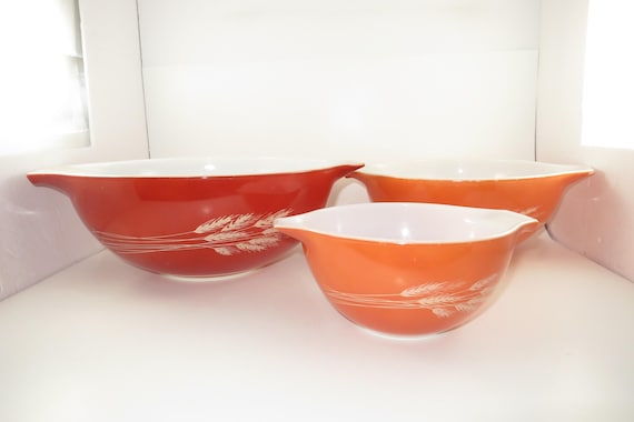Set of 3 Pyrex Autumn Harvest Wheat Pattern Cinderella Mixing Bowls 441 443 444