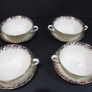 Set of Four  Lenox Oakleaf G-345B Double Handled Soup Bullion Cups with Saucers Pristine Condition