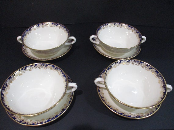 Set of Four Vintage Lenox Oakleaf G-345B Double Handled Soup Bullion Cups with Saucers Pristine Condition