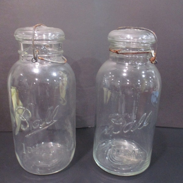 Pair of 10 1/4 Inch Clear Vintage Embossed Ball Ideal Mason Jars with Glass Lids and Wire Excellent Condition